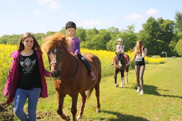 Wohnmobilstellplatz: Ponyreiten im Rahmen der Kinderanimation - Wohnmobilpark Ostseeblick