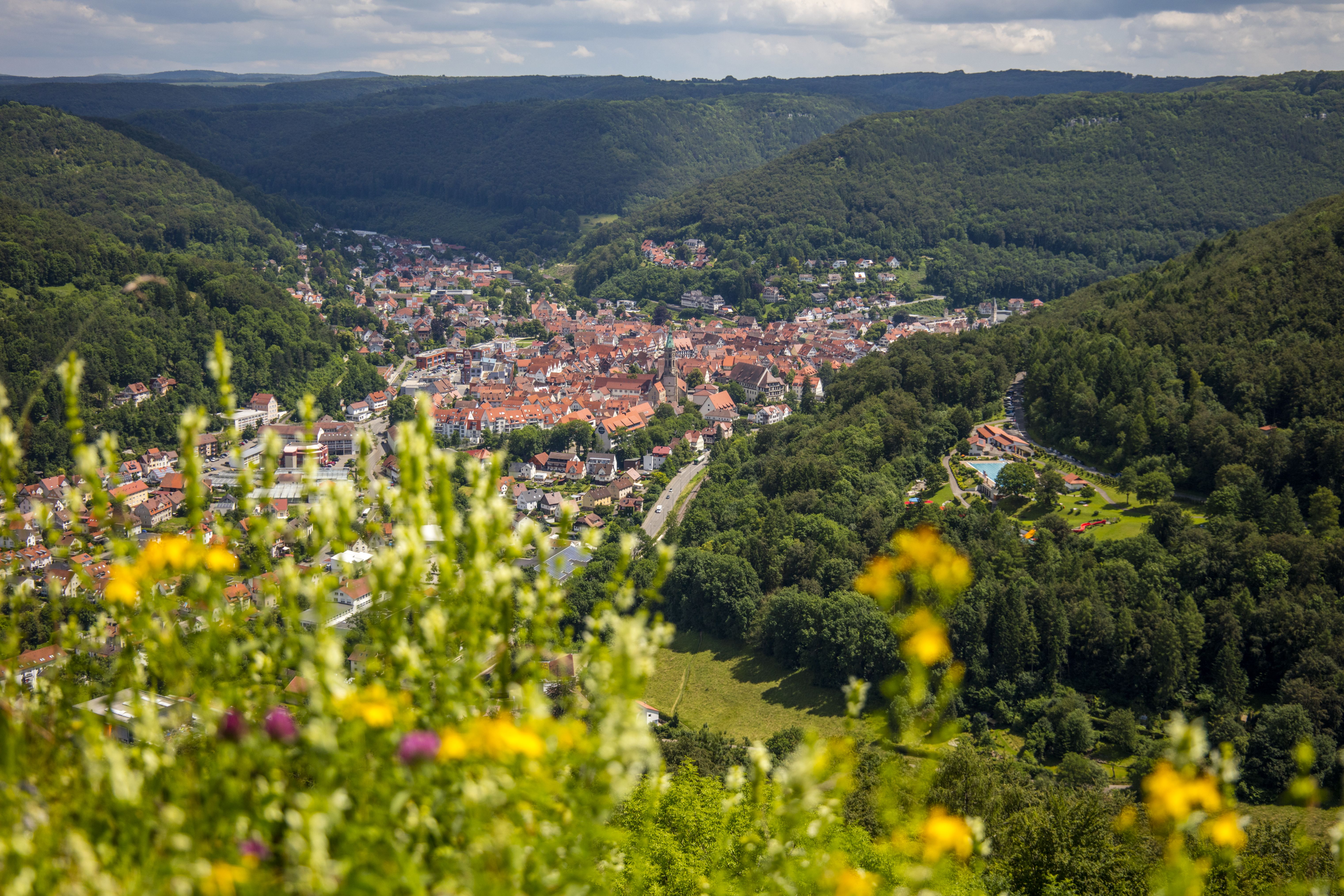 Reisemobilstellplatz - Westerheim (Alb-Donau-Kreis) - Blick vom Hanner Fels auf Bad Urach am Fuße der Schwäbischen Alb - Wohnmobilstellplatz Bad Urach